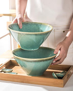 Large Salad Soup Ramen Serving Bowls, 71 OZ Ceramic Japanese Ramen Noodle Bowls with Chopsticks, Spoons and Rests - Super Big Bowl Sets for Udon, Pho, Pasta, Cereal, Set of 2 - Reactive Green
