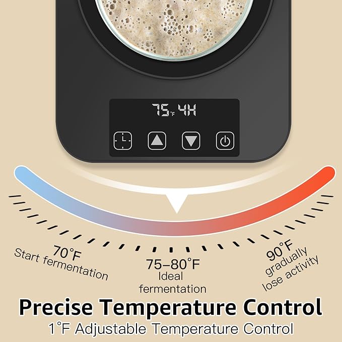 Sourdough Starter Warmer– Precise 1°F Thermostat Control (70–100°F), Auto On/Off, 12-Hour Timer, Fits Jars Up to 40oz, Ideal for Home Baking and Fermentation(Black)