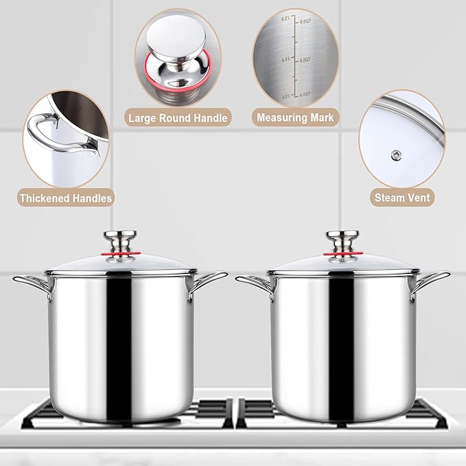 LIANYU 10 Quart Pot with Lid, 10QT Tri-Ply Heavy Duty Stock Pot, 18/10 Stainless Steel Stockpot, Canning Pasta Cooking Stockpot for Induction, Gas&Electric Cooktops, Visible Lid