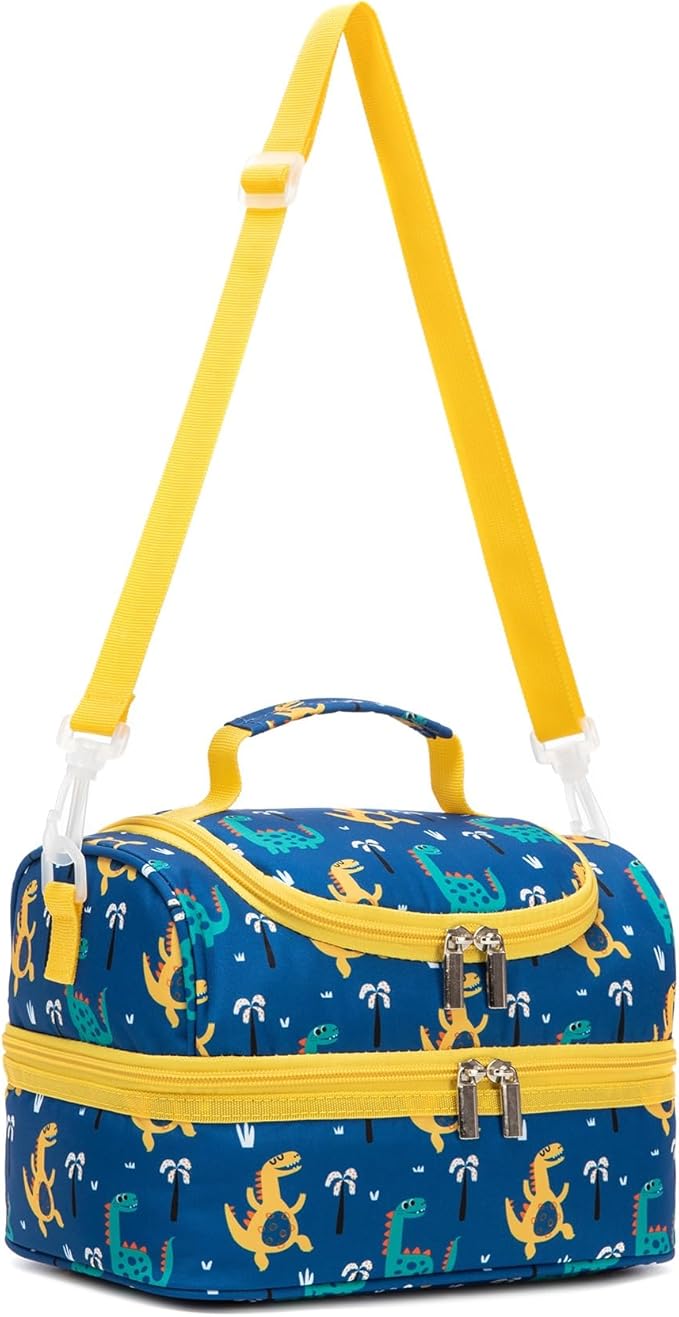 Insulated Kids Dual Compartment Lunch Bags Tote for Girls Boys Toddler Lunch Boxes Pre-School Toddler Kindergarten Picnic Camp Food Cooler Thermal with Strap (Z Yellow Dinos)