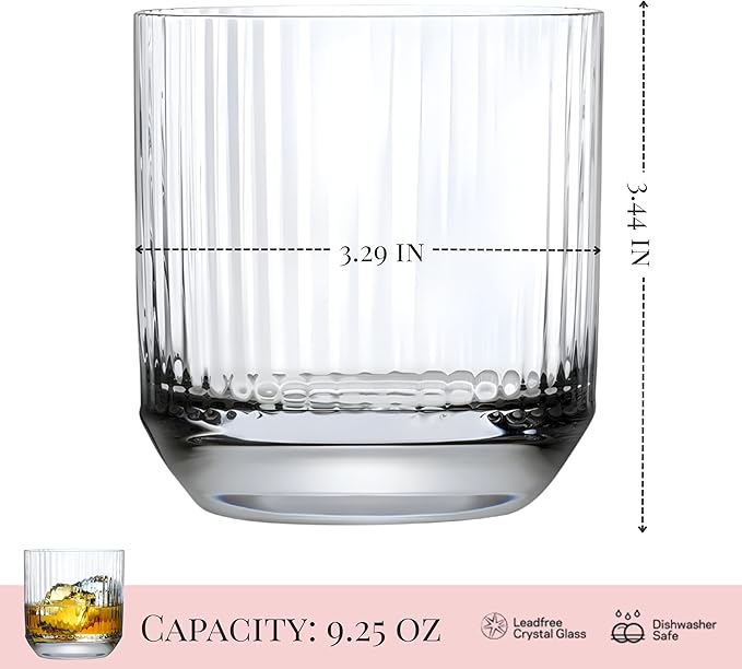 NUDE Whiskey Glasses Set of 4 SOF – 9.25 oz Lead-Free Crystal Old Fashioned Rocks Glasses for Whisky, Scotch & Bourbon – Etched Linear Pattern, Dishwasher Safe Barware