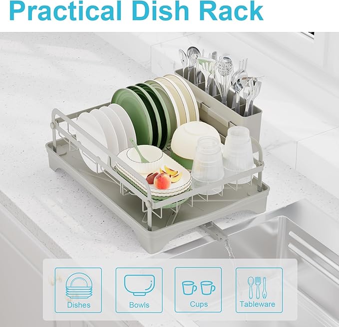 Dish Drying Rack - Space-Saving Dish Rack,Dish Racks for Kitchen Counter with Drainboard,Rustproof Countertop Dish Drainer with Utensil Holder for Sink Grey