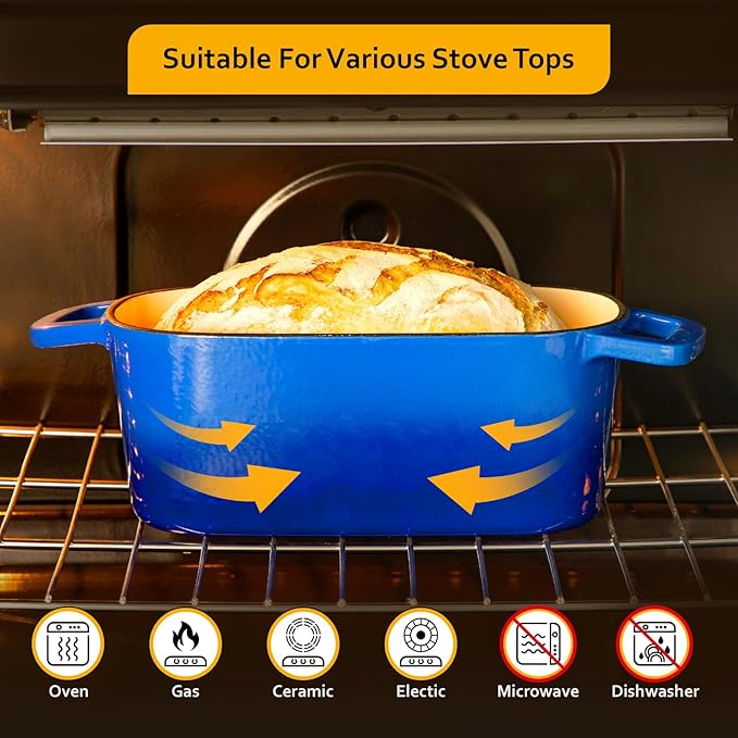 Velaze 3.6QT Dutch Oven for Bread Baking,Oval Cast Iron Enameled Bread Oven Pan with Lid and Offset Handles,Oven Safe to 500°F for Homemade Sourdough Bread(Blue)