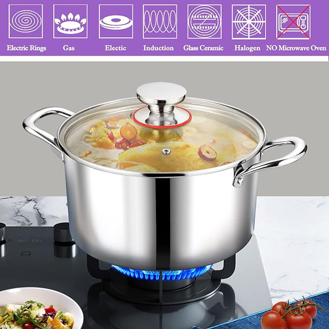 P&P CHEF 5 Quart Tri-Ply Stainless Steel Stock Pot, 5 Qt Stockpot Pasta Cooking Pot with Visible Lid for Soup Vegetable, Induction Cookware for All Stoves, Sturdy & Double Handle, Dishwasher Safe