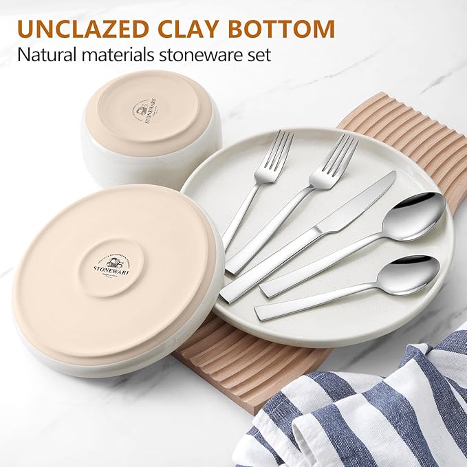 LIANYU 32PC Dinnerware Sets with Silverware for 4, Stoneware Plates and Bowls Dish Set, Stainless Steel Square Flatware Cutlery, Kitchen Dining Dishware, Microwave & Dishwasher Safe, Snowy White