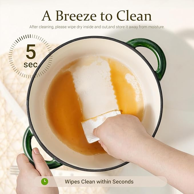 Overmont Enameled Cast Iron Dutch Oven - 5.5QT Pot with Lid Cookbook & Cotton Potholders - Heavy-Duty Cookware for Braising, Stews, Roasting, Bread Baking Glossy Green