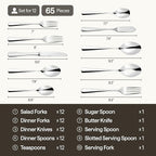 Luciella Tropea Flatware Set for 12, 65-Piece Premium 18/10 Stainless Steel Silverware Set with Serving Utensils, Modern Mirror Finish, Rust Resistant, Dishwasher Safe