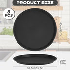 8Pcs Black Round Restaurant Serving Trays, Plastic Non Slip Surface Circle Fruit Appetizer Flat Tray Food Drink Server Tray with Raised Edges for Home, Restaurant, Cafeteria, Bar, Cocktail (16 in)