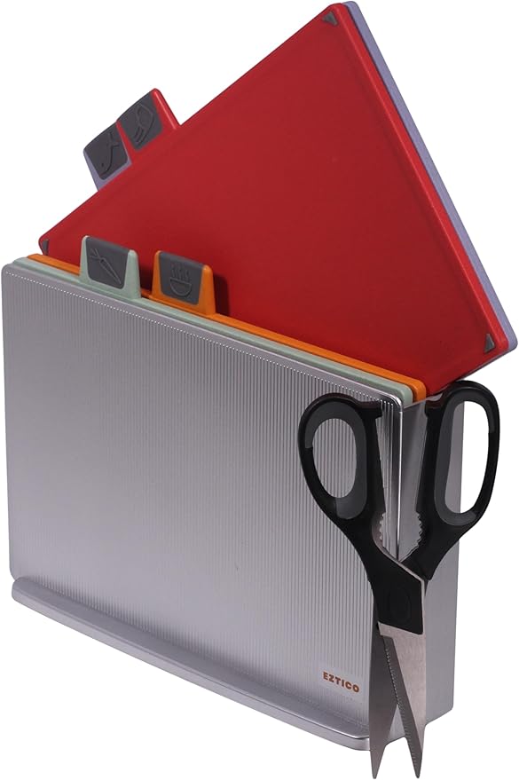 4-Piece Non-Toxic Cutting Board Set with Premium Scissors and Holder (Tall Silver)