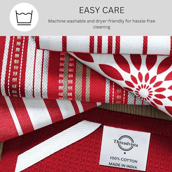 Assorted Kitchen Towels 100% Cotton Large 16x26 Inch Set of 5 - Soft Highly Absorbent Durable Reusable - Perfect for Drying Cleaning Everyday Kitchen Use - Quick Drying Dish Towels Red