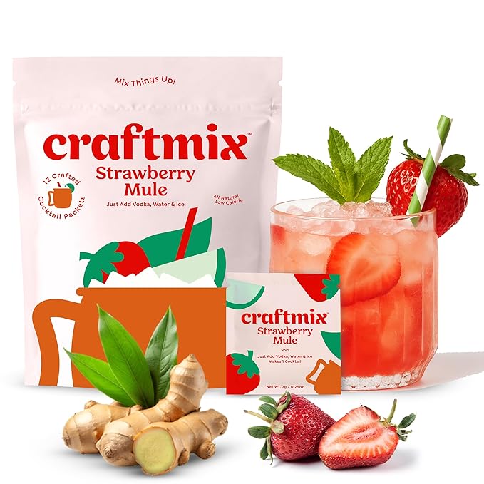 Craftmix Strawberry Mule, Makes 12 Drinks, Skinny Cocktail Mixers Moscow Mule - Mocktail Drink Mixers - Made With Real Fruit - Vegan Low-Carb, Low-Sugar, Non-GMO, Dairy Free, Gluten Free, Easy to Mix