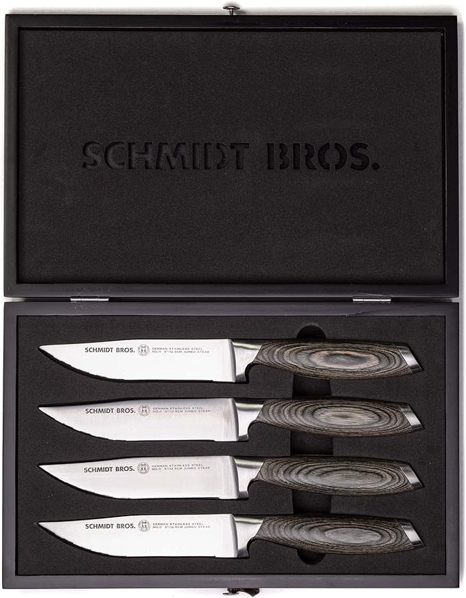 Schmidt Brothers -Bonded Ash 4-Piece Jumbo Steak Knife Set, High-Carbon German Stainless Steel Cutlery in a Wood Gift Box