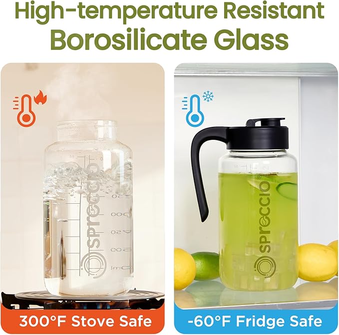 Borosilicate Glass Pitcher with Lid, 64 oz Mason Jar Pitcher Pour Spout Lid Airtight Leak-proof, Sun Tea Glass Jar for Outside, Breastmilk, Cold Brew, Coffee and Iced Tea