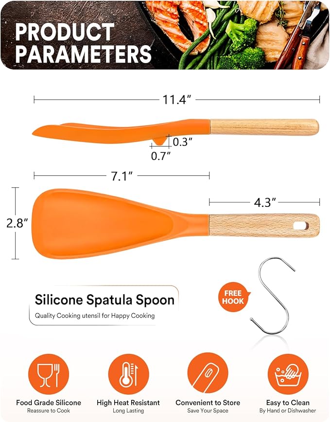 Cooking Spoon for Nonstick Cookwares, Great for Cooking and Serving Sturdy BPA-Free Matte Silicone, Wood Handle Spoon for Mixing, Scoop, and Scrape (ORANGE)