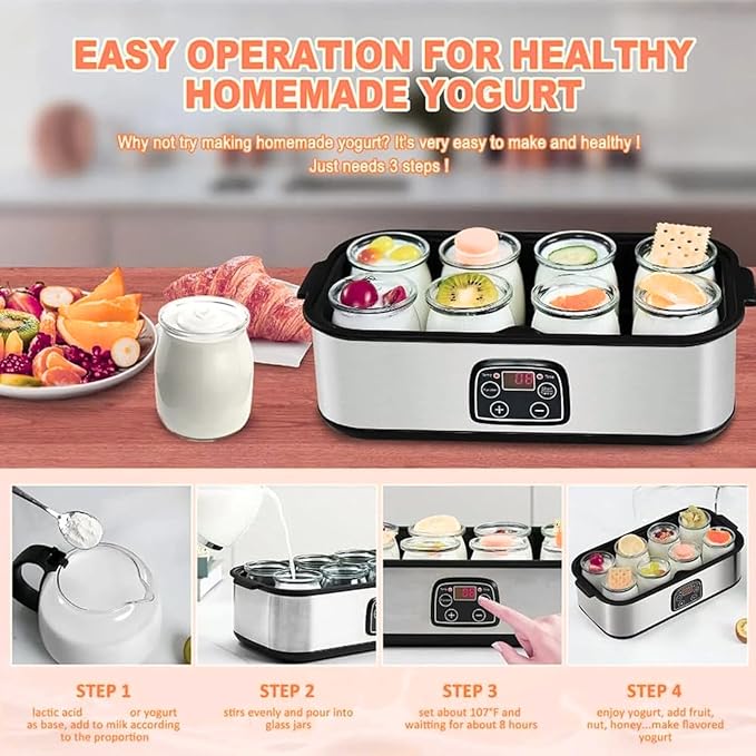 Automatic Yogurt Maker, Digital Yogurt Maker Machine with 12 Jars 2160ml Adjustable Temperature 48H Time Control for Fresh Homemade Yogurt Dessert, Led Display Multi-Function Electric Yogurt Machine