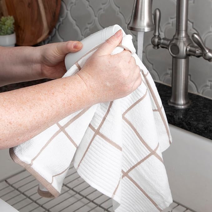 T-fal Solid & Checked Parquet Kitchen Towels: Highly Absorbent, Super Soft Long Lasting - 100% Cotton, 16"x26" Dish Towels for Cleaning & Drying Dishes, Pans, Glassware, Countertops, 6-Pack, Sand