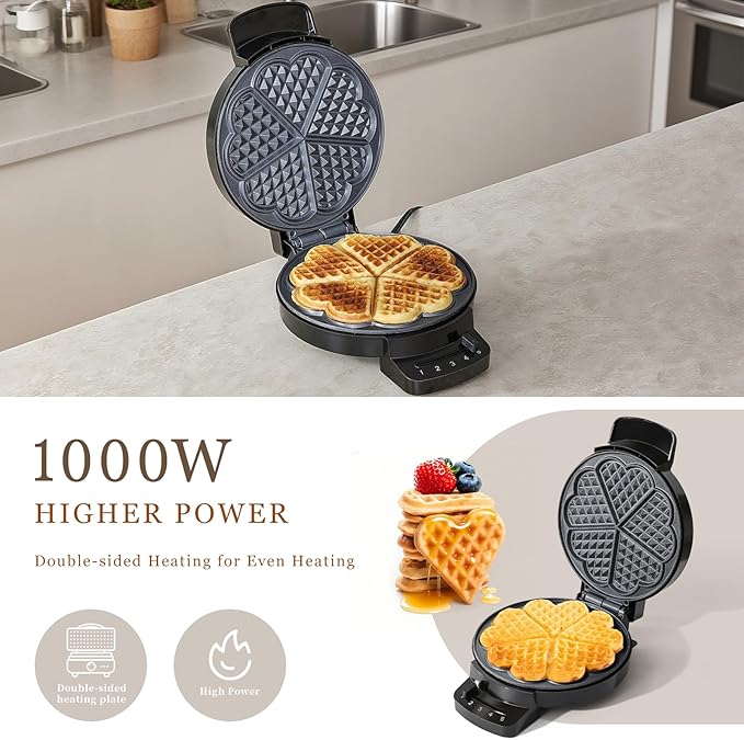 Heart Waffle Maker, Heart Shaped Waffle Iron 5 Slices, Mini Waffle Makers with 8'' Non-stick Plates, Adjustable 5 Browning Control, Cool Touch Handle, Easy to Clean, 1000W