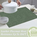 SUEH DESIGN Leather Placemats Set of 6 Reversible Table Mats Heat Resistant Waterproof No-Slip Place Mats for Dining Table Kitchen Parties, Dark Green and Beige