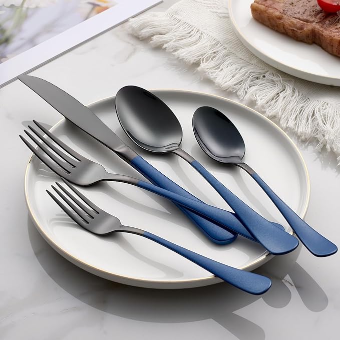 20-Piece Black Silverware Set 18/0 Stainless Steel Flatware Sapphire Blue Handle Cutlery Set Service for 4 Dinner Knives Forks Spoons Set Mirror Finish Dishwasher Safe