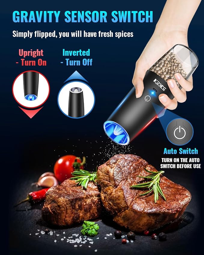Rechargeable Electric Pepper and Salt Grinder Set, No Battery Needed, whit Gravity Sensing Switch and LED Light, One Hand Automatic Operation, Black, 2 Pack