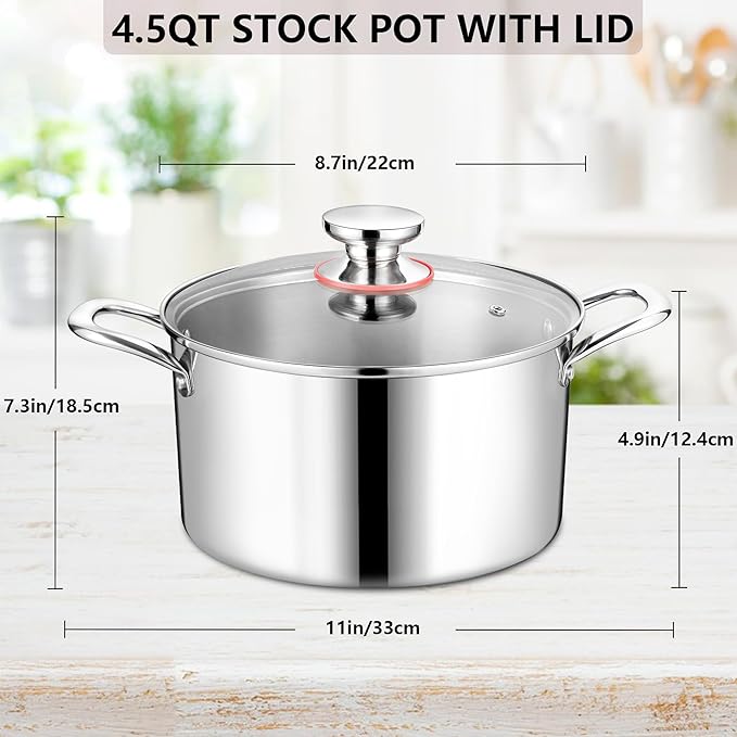 Cooking Stock Pot with Lid, 4.5 Quart Heavy Duty Tri-ply 18/10 Stainless Steel Soup Pot for Pasta Vegetable Steaming and Stewing, Induction Compatible & Dishwasher Safe