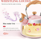 GGC Tea Kettle for Stove Top, 85OZ/2.6QT Whistling Tea Kettles for Boiling Water Milik or Coffee, Pink Stainless Steel Tea Pots with Wood Pattern Folding Handle, Thumb Design Control Kettle Outlet