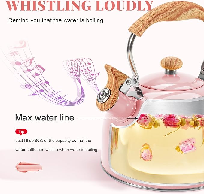 GGC Tea Kettle for Stove Top, 85OZ/2.6QT Whistling Tea Kettles for Boiling Water Milik or Coffee, Pink Stainless Steel Tea Pots with Wood Pattern Folding Handle, Thumb Design Control Kettle Outlet