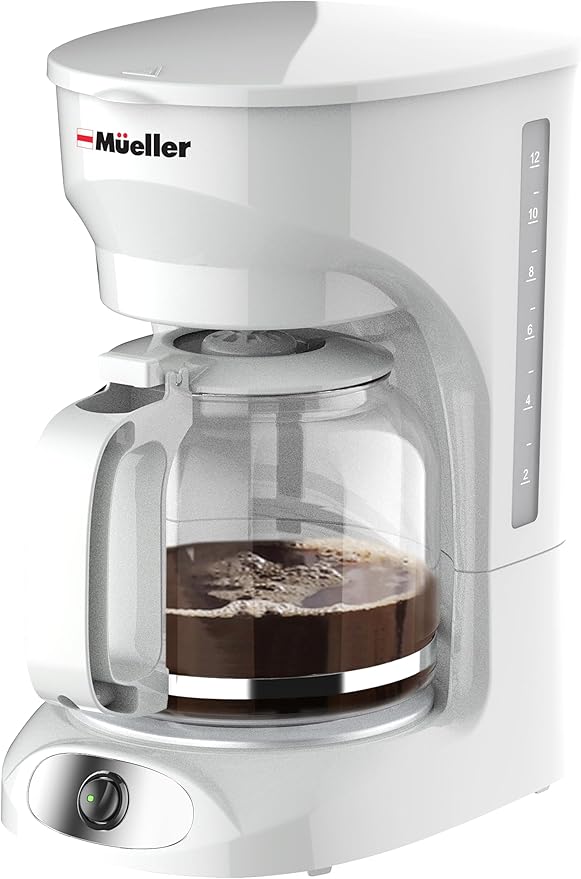 MUELLER HOME 12-Cup White Coffee Maker - Borosilicate Carafe, Auto-Off, Reusable Filter, Anti-Drip, Keep-Warm Function, Clear Water Level Window, White Kitchen Accessories