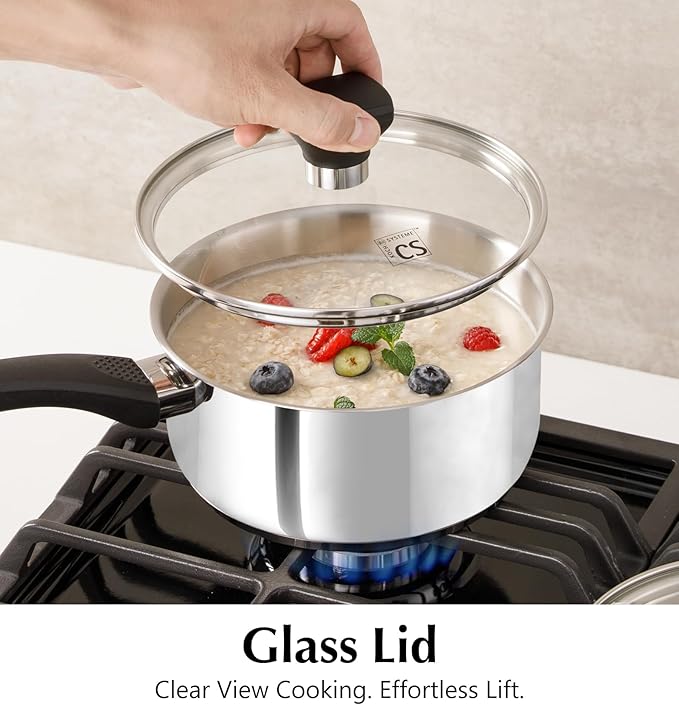 KOCH SYSTEME CS Stainless Steel Sauce Pan with Lid, 1QT & 2QT & 3QT Stainless Steel Saucepan Set with Bakelite Handles, Non Toxic Sauce Pot for Cooking, Induction Compatible & Dishwasher Safe, 6PCS