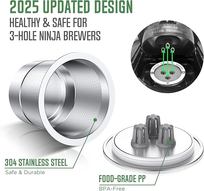 Ninja Reusable Coffee Pod: VIVI SKY Upgraded Stainless Steel Refillable Ninja K Cups - 3 Holes Coffee Filters For Ninja Coffee Maker CFP201 CFP301 CFP305 CFP307 CFP400 CFP300 (2 Pack)