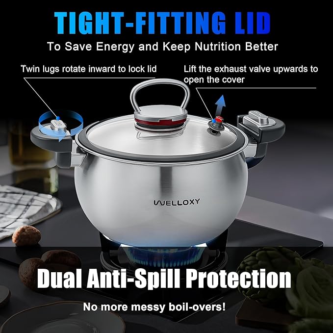 WELLOXY 7.5Qt Tri-Ply Stainless Steel Stock Pot with Tight-Fittng Lid & Twist and Lock Handles for Energy-Saving Cooking, Large Stew Pots for Soup, Gumbo, Pasta, Dutch Oven Style Cookware on Induction