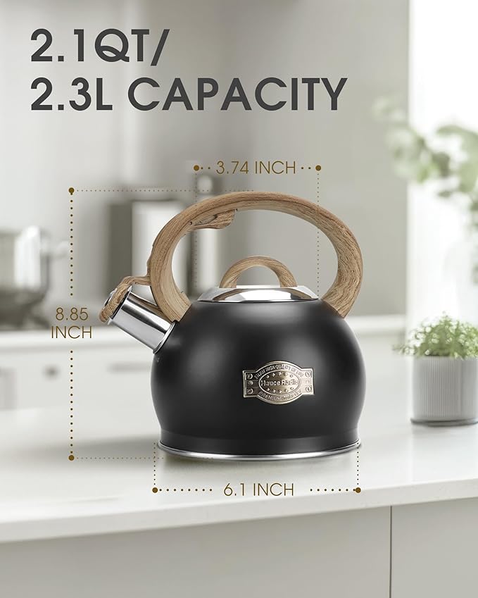 Tea Kettle Stovetop, Black Tea Kettles-2.1 Quart Loud Whistle Stovetop Teapot,Food Grade Stainless Steel with Wood Pattern Handle, Unique Button Control Kettle Outlet for Tea, Coffee