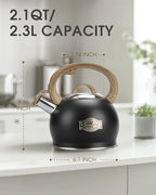 Tea Kettle Stovetop, Black Tea Kettles-2.1 Quart Loud Whistle Stovetop Teapot,Food Grade Stainless Steel with Wood Pattern Handle, Unique Button Control Kettle Outlet for Tea, Coffee