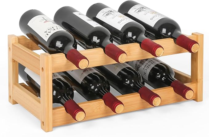 VASMIA Wine Rack, 2-Tier Bamboo Wine Racks Countertop Cabinet Wine Holder Wine Storage Shelf for Pantry Kitchen Bar, Natural
