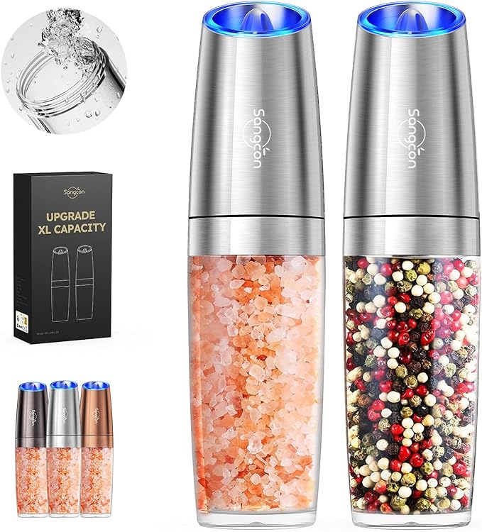 Sangcon Gravity Electric Salt and Pepper Grinder Set Shakers UPGRADED 9OZ XL CAPACITY Battery Powered Refillable Automatic One Hand Operation Adjustable Coarseness Mill Grinder Set for Kitchen