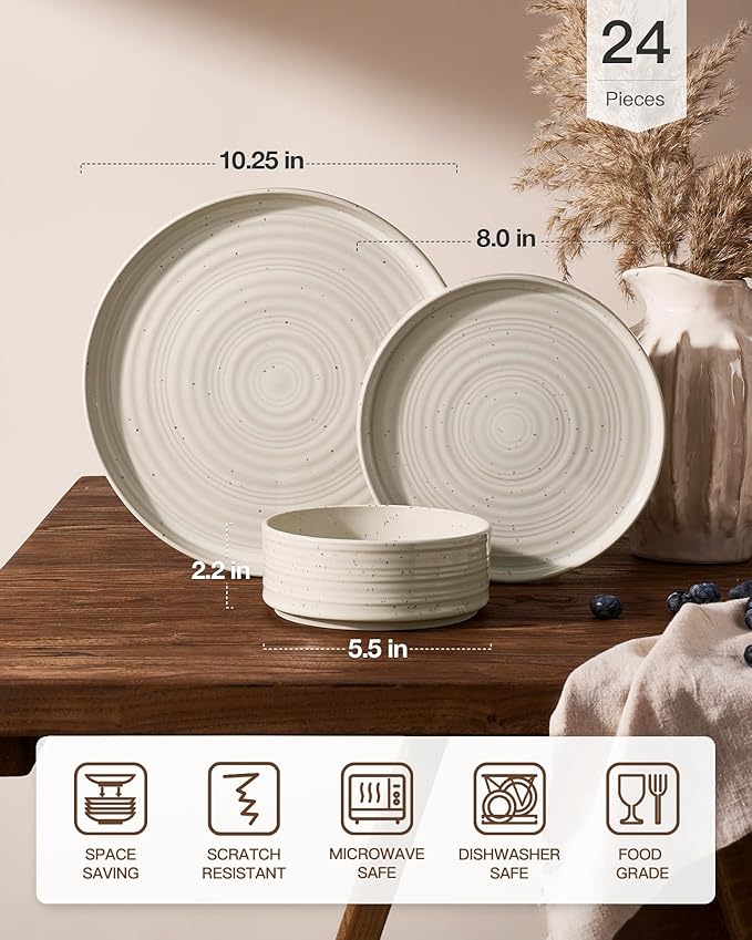 Stoneware Dinnerware Sets, Dish Set for 8, 24 Pieces Spiral Dishware Set with Straight Rim, Speckles & Reactive Glaze - Microwave and Dishwasher Safe Tableware, Shell Beige