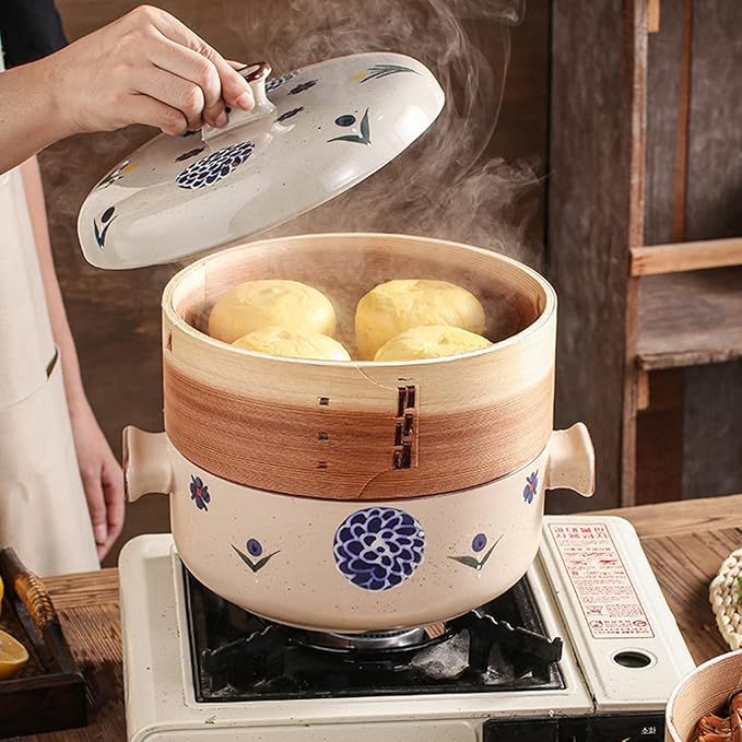 Japanese Casserole Pot with Handles for Cooking, Ceramic Casserole Clay Pot Steam Stew Pot with Steamer Basket,B,1.5L