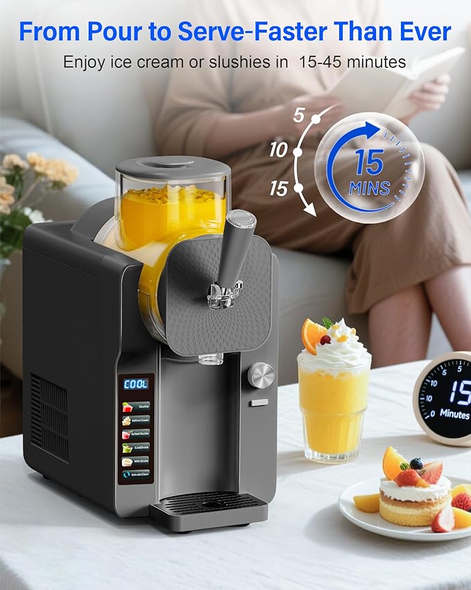2-IN-1 Slush Machine & Ice Cream Maker Machine, 6 Modes for Smoothies, Milkshakes, Cocktails, Margarita, and Ice Cream, Double-Layer Tank, With Ice Cream Cone Holder, Self-Cleaning, For Home Use, Grey