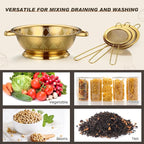 4 Pcs Gold Kitchen Accessories Includes Stainless Steel Colander and 3 Pcs Gold Fine Mesh Strainer Essential Kitchen Colander Strainers with Handles, Easy Clean and Dishwasher Safe(3.7 Qt)