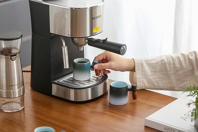 2-Oz Ceramic Espresso Cups with Wood Handle, 2/4-Piece Set for Coffee, Tea, Latte - Dishwasher Safe, Multi-Color & Wood Styles, Gift & Café Use (blue white, Wooden Handle4)