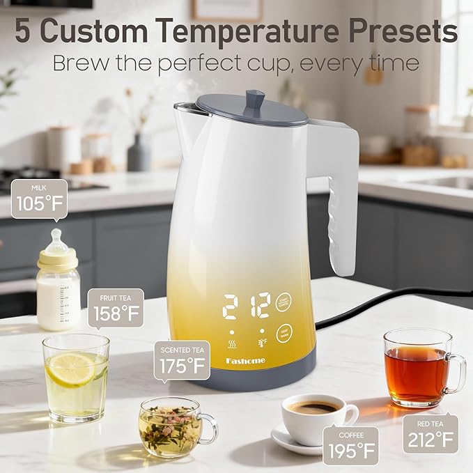 Electric Kettle with 5-Temperature Control,1.25L Cordless,Penguin Shape Design,1200W with Keep Warm and Auto Shut-Off,Perfect for Tea,Coffee & Themed Kitchen(Yellow Gradient)