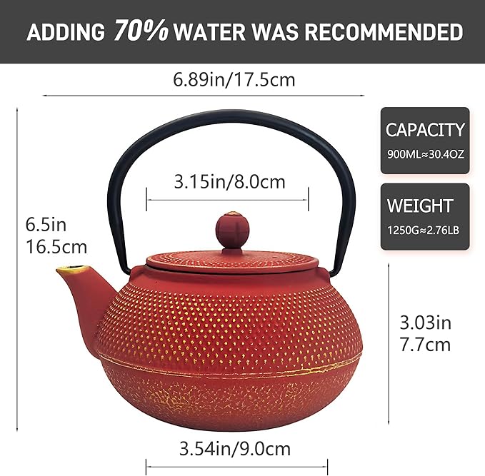 30.4oz Small Cast Iron Teapot, Tea Kettle for Stovetop Safe Coated with Enameled Interior, Red Japanese Tetsubin, Tea Pot with Stainless Steel Infuser for Loose Tea(900ml)