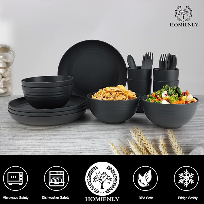 Homienly Wheat Straw Dinnerware Sets, 20pcs Unbreakable Microwave Dishwasher Safe Tableware Lightweight Bowls, Cups, Plates Set Reusable Dinner Plates Bowls set (Matte Black)