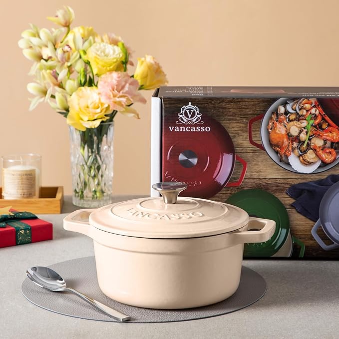vancasso 2.5 QT Enameled Cast Iron Dutch Oven with Stainless Steel Knob Lid – Small Non-Stick Casserole for Steaming, Baking, and Roasting – Cream Color