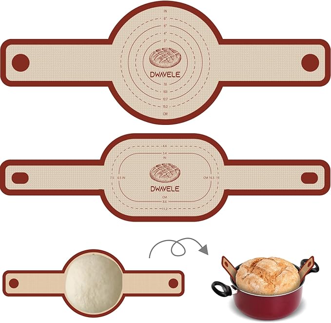 Silicone Bread Sling for Dutch Oven, Non-Stick & Easy to Clean Bread Baking Mat Set, 2 Pcs Reusable Bread Sling with Long Handle to Transfer Sourdough (Red, Oval and Round)
