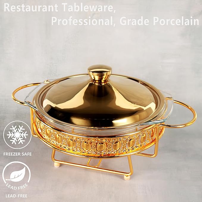 Casserole Dish 9"Glass Baking Dish with Stainless steel Lid and rack, Golden round 1.5 Qt Baking Pan For Casserole & Lasagna, Microwave Dishwasher Freezer Oven Safe