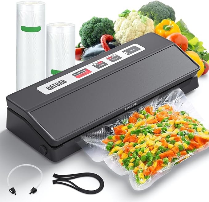 Vacuum Sealer Machine for Food Saver, 70kpa Powerful Suction Compact 7-in-1 Automatic Food Sealer for Sous Vide & Food Storage, Dry/Moist/Strong/Gentle Mode, Removable Drip Tray | 2 Bag Rolls, Black