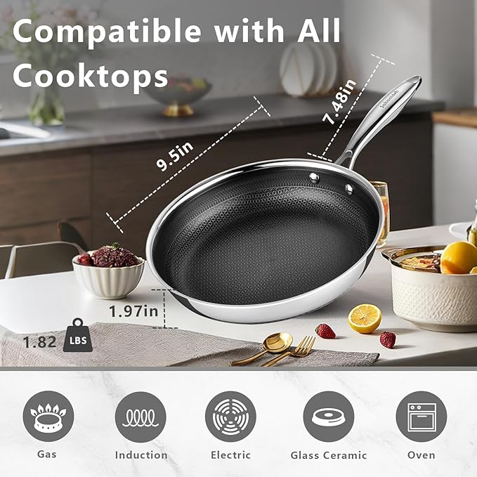 9.5" Non Stick Frying Pans, Stainless Steel Pan, Ceramic Skillet with Stay-Cool Handle, Non Toxic, PFAS PFOA PTFE Free, Dishwasher Safe, Induction, Compatible with All Cooktops