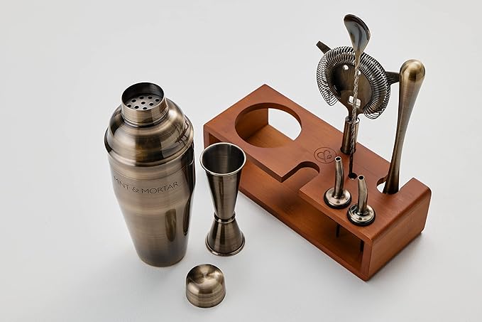 Mint & Mortar Cocktail Shaker Set, 7-Piece Bartender Kit with Stand, 24oz Martini Shaker Bottle Stainless Steel Bar Tools, Home Bar Accessories Drink Mixer, Barware Gift Set - Brushed Gold