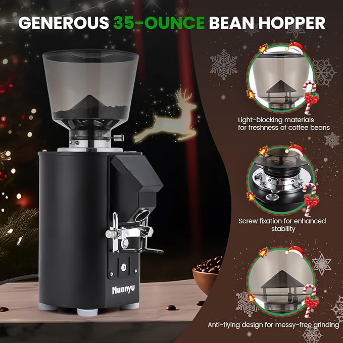 Huanyu Commercial Coffee Grinder - Touchscreen Control, 8 Grind Settings, 64mm Flat Burr, Dual Dosing Modes for Coffee Shops
